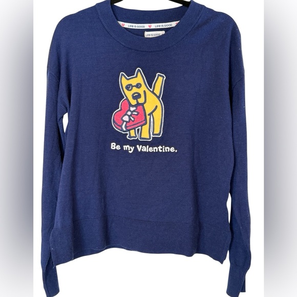 Life Is Good Sweaters - Life Is Good Navy Sweater with “Be My Valentine” Dog Graphic